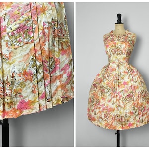 Vintage / 1950s 50s / 1960s 60s / Novelty Print Whimsical Dress / Ruffle and Bow / Pinup Full Skirt /Sunset Summer Pink Orange