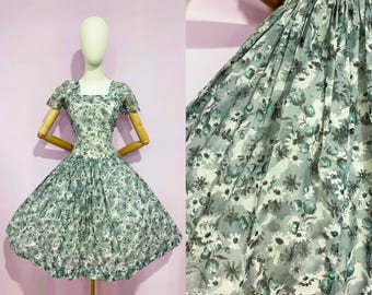 Vintage / 1950s 50s / Full Skirt Floral Summer Dress / Spring Dress Flowers / Blue White Grey / Chiffon Pinup /Classic Rockabilly Pin-Up