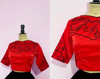 Vintage / 1980s 80s does 1950s 50 / Red Embroidered Crop Top / Rockabilly Pinup / Folk Style / Bold Statement