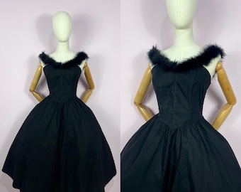 Vestido auténtico vintage de los años 80 / Falda larga de fiesta con plumas de marabú negras estilo años 50 / Talla M