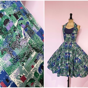 Vintage / 1950s 50s / Circle dress / Novelty Print / Horse Print / Blue Green White / Full Skirt / Pinup