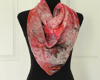 Florida Hibiscus Silk Scarf, Shades of PInk and Red Handmade Silk Scarf with Black Accents, Gift-Wrapped for Giving and Free Shipping