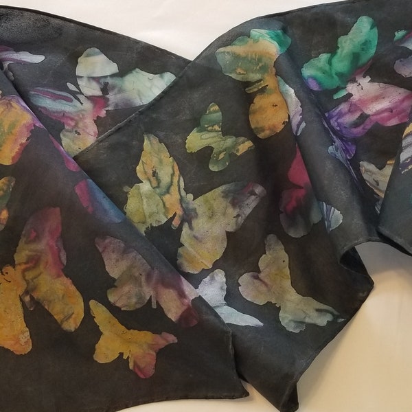 Butterfly Batik Scarf in Gold, Emerald Green, Violet, Claret and Black Hand-Painted on Salvaged Silk Scarf; Repurposed Handmade Batik Scarf