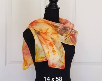 Showy Summer Sunflowers Handmade Silk Scarf in Shades of Orange, Yellow, Red, and Brown, Hand-Dyed Silk Scarf Packaged for Gifting