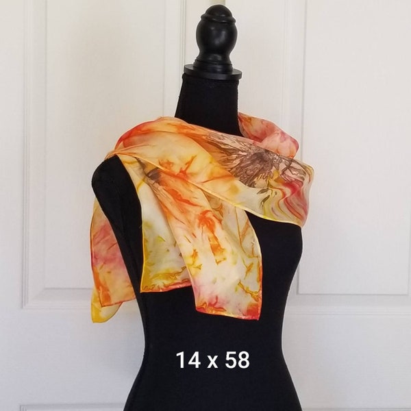 Showy Summer Sunflowers Handmade Silk Scarf in Shades of Orange, Yellow, Red, and Brown, Hand-Dyed Silk Scarf Packaged for Gifting