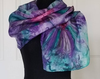 Winter Night Handmade Silk Scarf, Purple Hand-Painted Silk Scarf, Purple and Emerald Green Hand-Painted Silk Scarves in a Variety of Sizes