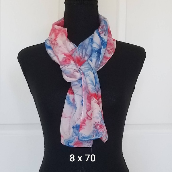 Red, White and Blue Scarf; Silk Scarf Hand-Painted in Red, White and Blue; Handmade Silk Scarf for 4th of July; Memorial Day Silk Scarf