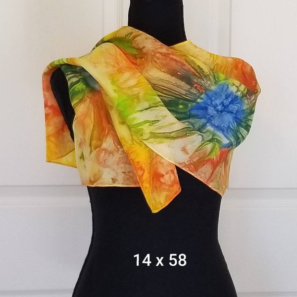 Citrus Explosion Handmade Silk Scarf in Shades of Orange, Lemon Yellow, Blue, and Chartreuse, Hand-Dyed Silk Scarf Packaged for Gifting