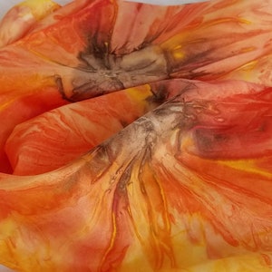 Showy Summer Sunflowers Handmade Silk Scarf in Shades of Orange, Yellow, Red, and Brown, Hand-Dyed Silk Scarf Packaged for Gifting