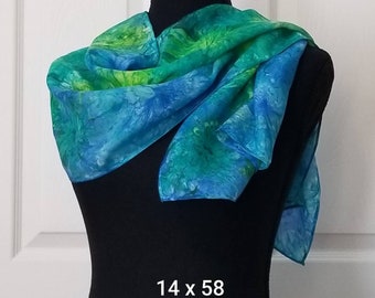 Florida Cool Hand-Painted Silk Scarf in Shade of Turquoise, Green, Azure Blue, and Chartreuse, Handmade Silk Scarf Packaged for Gifting