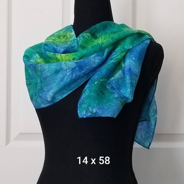 Florida Cool Hand-Painted Silk Scarf in Shade of Turquoise, Green, Azure Blue, and Chartreuse, Handmade Silk Scarf Packaged for Gifting