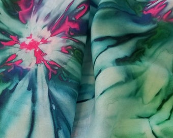 Modern Hand-Painted Hot Pink Bromiliads on Cool Tropical Background Silk Scarf;  Gift-Packaged Handmade Silk Scarf with Free Shipping