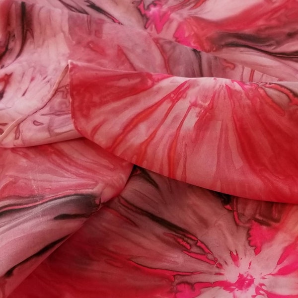 Florida Hibiscus Silk Scarf, Shades of PInk and Red Handmade Silk Scarf with Black Accents, Gift-Wrapped for Giving and Free Shipping