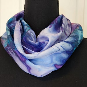 Hand-Painted Tropical Nights Silk Scarf; Blue, Teal, Purple and Claret Silk Scarf; Gift-Packaged Handmade Silk Scarf with Free Shipping