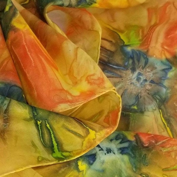 Citrus Explosion Handmade Silk Scarf in Shades of Orange, Lemon Yellow, Blue, and Chartreuse, Hand-Dyed Silk Scarf Packaged for Gifting