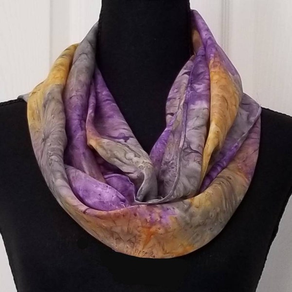 Purple, Grey and Gold Handmade Silk Scarf in Two Designs; Hand-Painted Silk Scarf, Gift-Packaged Silk Scarf; Silk Scarf Ships Free