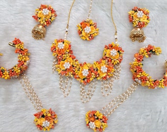 Charming Floral Orange, Yellow And Golden Jewelry Set For Brides & Bridesmaid | Handmade Floral Jewelry For Haldi Function, Wedding Jewelry