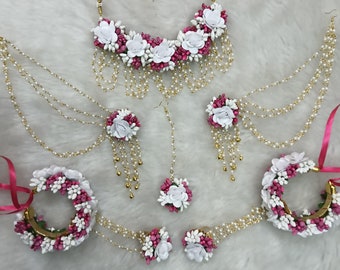 Floral White And pink Jewelry Set For Brides And Bridesmaid | Handmade Artificial Floral Jewellery For Haldi Function | Wedding Jewelry