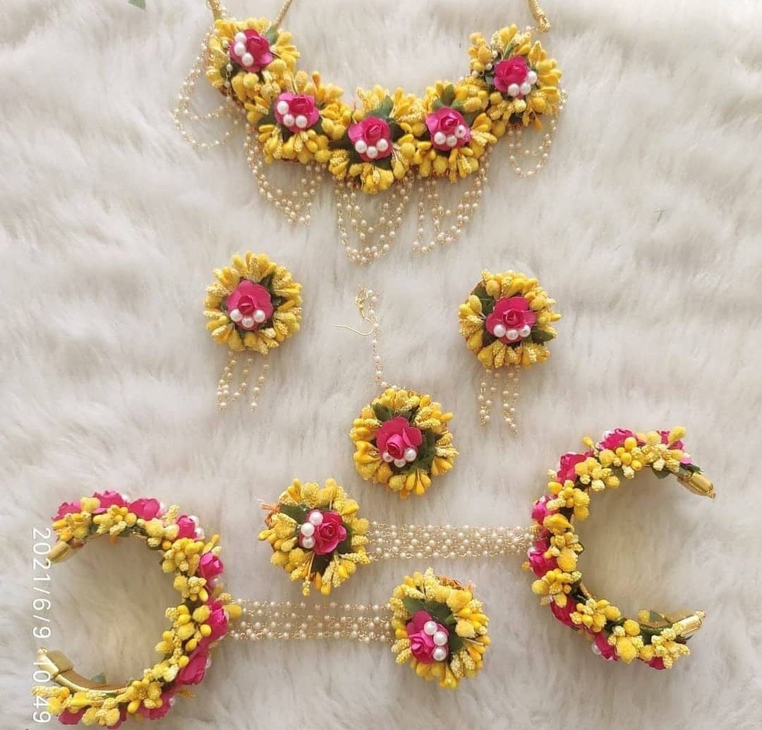 Delightful Yellow and Hot Pink Color Artificial Flowers and Pearls