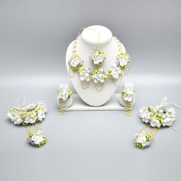 Delightful Green And White Color Artificial Flowers And Pearls Jewelry Set, Haldi Jewelry Set, Wedding Set, Bridal Set, Wedding Gifts