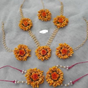 Special Orange Artificial Flowers And Pearls Jewelry Set, Haldi Jewelry Set,  Wedding Set, Bridal Set, Wedding Gift, Haldi Set FREE SHIPPING
