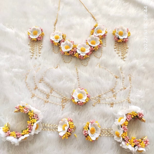 Floral Yellow, Pink & White Jewelry Set For Bride And Bridesmaid | Handmade Artificial Floral Jewellery For Haldi Function | Wedding Jewelry