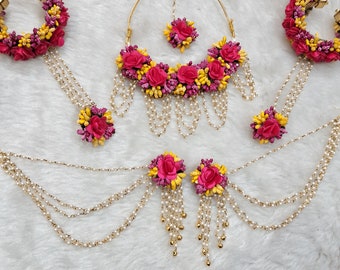 Floral Pink And Yellow Jewelry Set For Brides And Bridesmaid | Handmade Artificial Floral Jewellery For Haldi Function | Wedding Jewelry