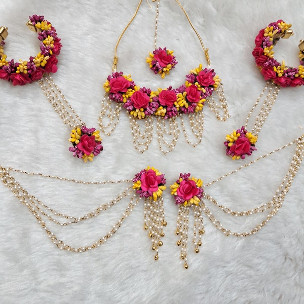 Floral Pink And Yellow Jewelry Set For Brides And Bridesmaid | Handmade Artificial Floral Jewellery For Haldi Function | Wedding Jewelry