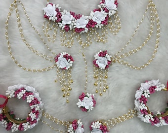 Charming Pink And White Color Combination Artificial Floral Jewelry Set For Haldi, Mehendi, Baby Shower, Wedding Function, Bridemaids Gift