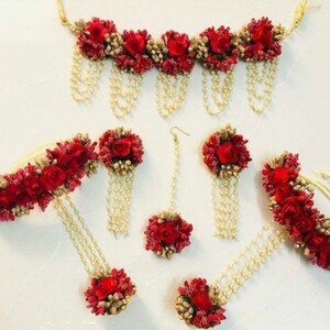 Charming Floral Red And Golden Jewelry Set For Brides & Bridesmaid | Handmade Artificial Floral Jewelry For Haldi Function | Wedding Jewelry