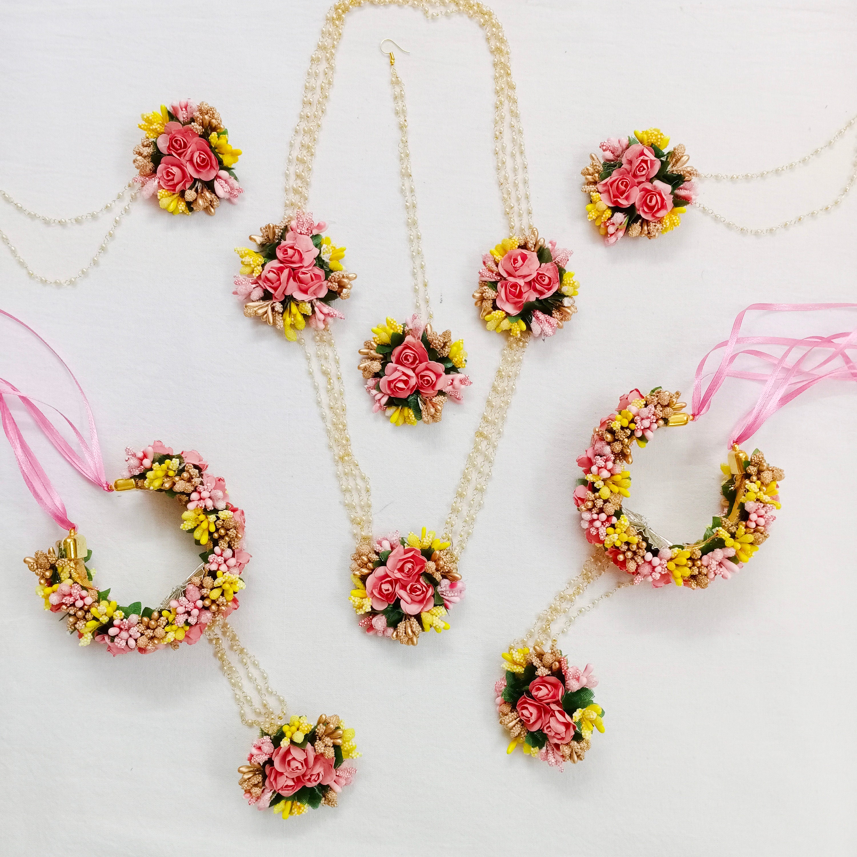 Delightful Peach Yellow Golden Flowers Set Artificial Flower Jewelry Set Wedding Set Bridal Set Haldi Jewelry Indian Jewelry