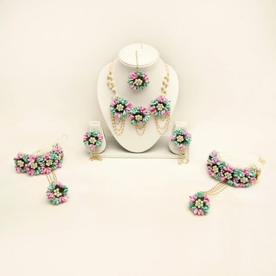 Blue and Pink Color Bridal Floral Jewellery Set for Haldi Mehandi