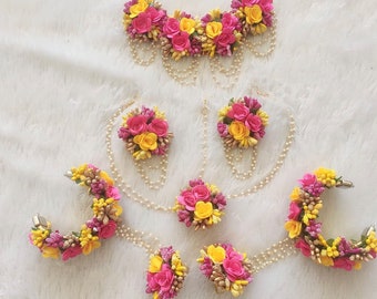 Floral Rani, Golden & Yellow Jewelry Set For Bride And Bridesmaid | Handmade Artificial Floral Jewelery For Haldi Function