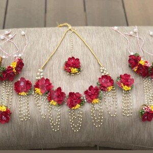 Beautiful Red, Yellow And Green Colors Artificial Flowers Jewelry Set, Haldi Jewelry Set,  Wedding Set, Bridal Set, Best Gift FREE SHIPPING