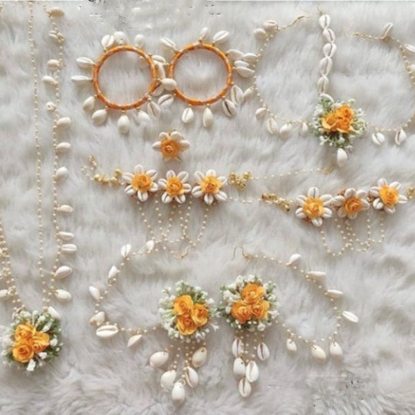 White And Haldi Yellow Floral Shells Jewelry Set For Brides And Bridesmaid | Handmade Artificial Floral Jewelry For Haldi Function | India