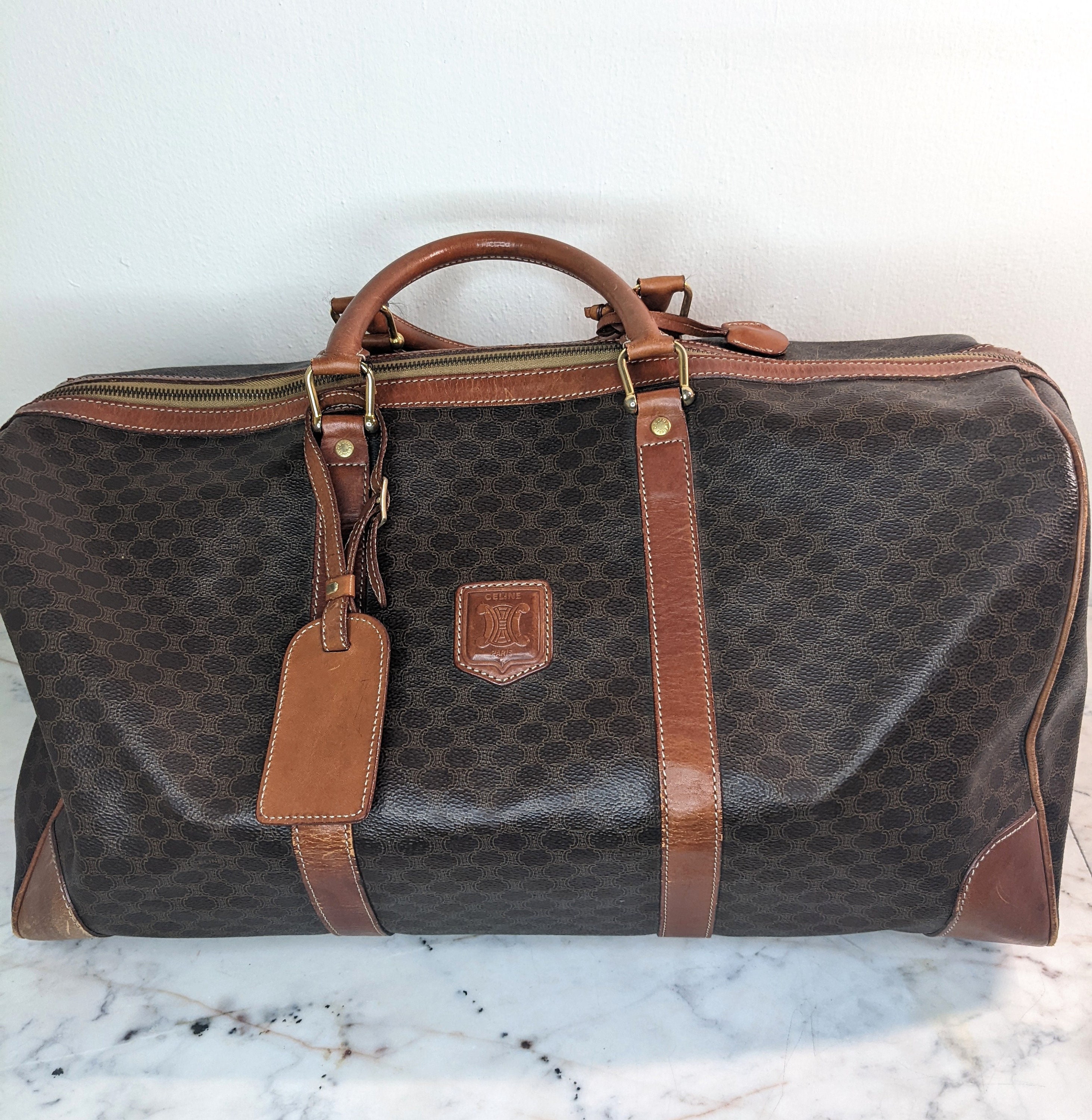 CELINE Macadam Blason Boston bag Handbag Brown Vintage Old Celine s68ihd