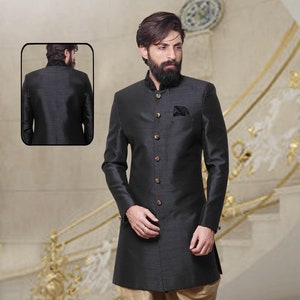 Indian Kurta for Men Wedding Designer Ethnic Readymade Black Color Silk ...