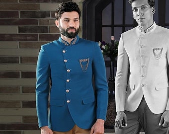 Blue Embroidery Designs Jodhpuri Suit Prince Coat pant Partywear Sherwani For Men jacket blazer with Pink pant Diwali Eid Festive wear