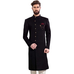 Indian Dress Solid Black Sherwani for Men Wedding Partywear Achkan Jodhpuri Rajasthani Designer Royal Blazer Coat Bhandgala Suit