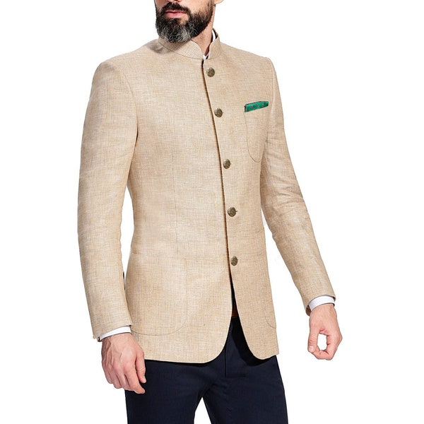 Indian Formal Beige Jacket Style Elegant Jodhpuri Dress Bhandhgala Coat Marriage Weddings Functions Sangeet Mehendi Cotton Blazer Outfit