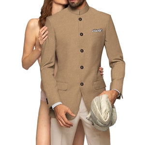 Jodhpuri Suit Khaki Coat Pant Indian Designer Wedding Partywear Sherwani For Men coat pant jacket blazer with Ivory pant zdjęcie 1