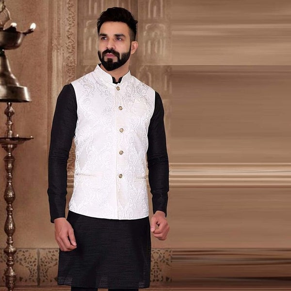 Pyjama Kurta homme coton mélange taille manteau pyjama kurta blanc coupe ajustée, manteau taille formel assorti veste Nehru Modi gilet