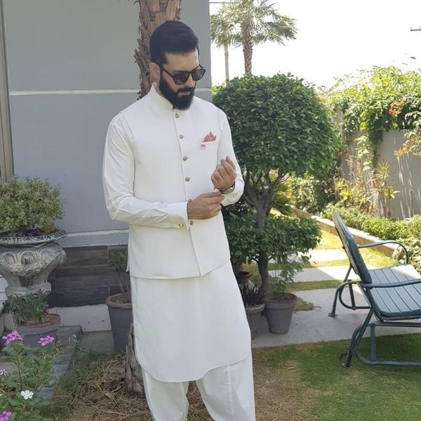 Pyjama Pathani Kurta blanc pour homme, manteau en mélange de coton à la taille, pyjama kurta blanc à la taille pour homme