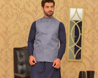 Kurta pajama men Cotton Solid Grey Waist Coat with Pathani kurta pajama ,Formal Waist Coat Green Matching  Nehru Modi Jacket Vest