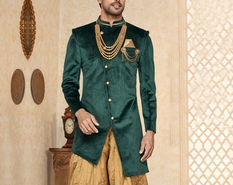 Indian Emerald Green Jodhpuri Achkan Sherwani for men Bhandgala Jacket Traditional  Wedding Outfit Kurta Top Blazer Marriage Reception