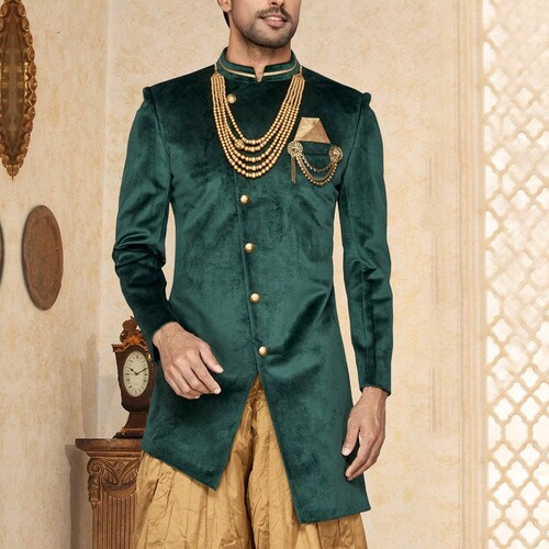 Green  Indian  Men Kurta Pajama Traditional  Wedding Party  Shirt Free Shawl 