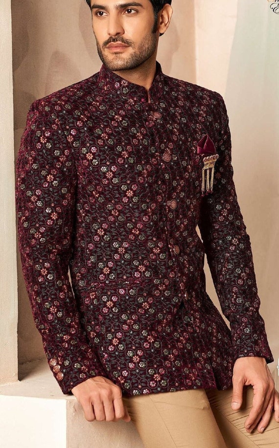 Mens Maroon Velvet 2 Pc Jodhpuri Suit | InMonarch