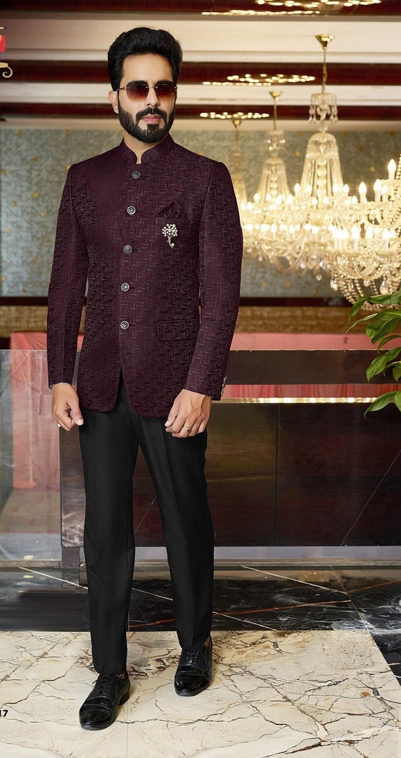 506213: Red and Maroon color Brocade fabric Jodhpuri Suit