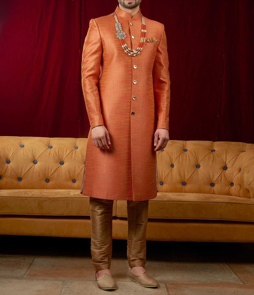 Indian Dress Solid Orange Color Sherwani Indo Western for Men