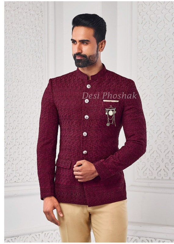Groom Mandarin Collar Suit Maroon Velvet Cutwork Jodhpuri Suit | InMonarch